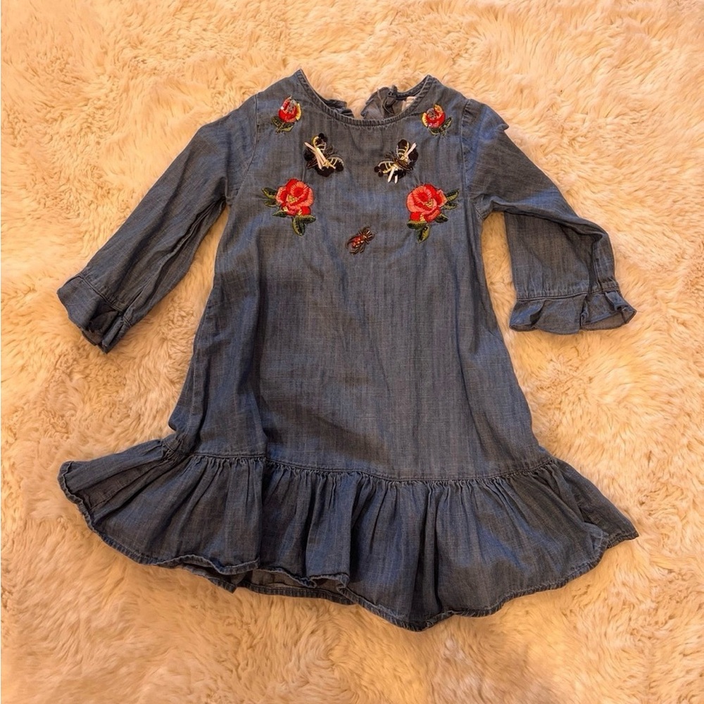 Zara Blue Kids Dress with Floral Embroidery